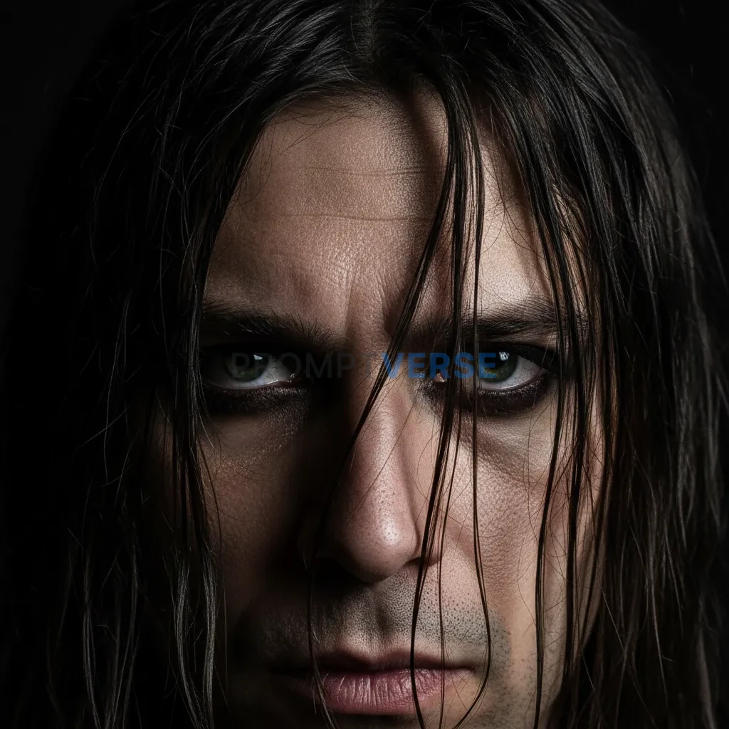 A close-up of a man's intense eyes, wearing dark eyeliner, peering out