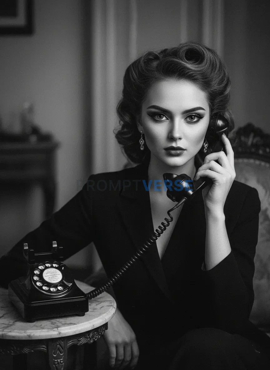 Woman in vintage makeup holding telephone, black and white film look.