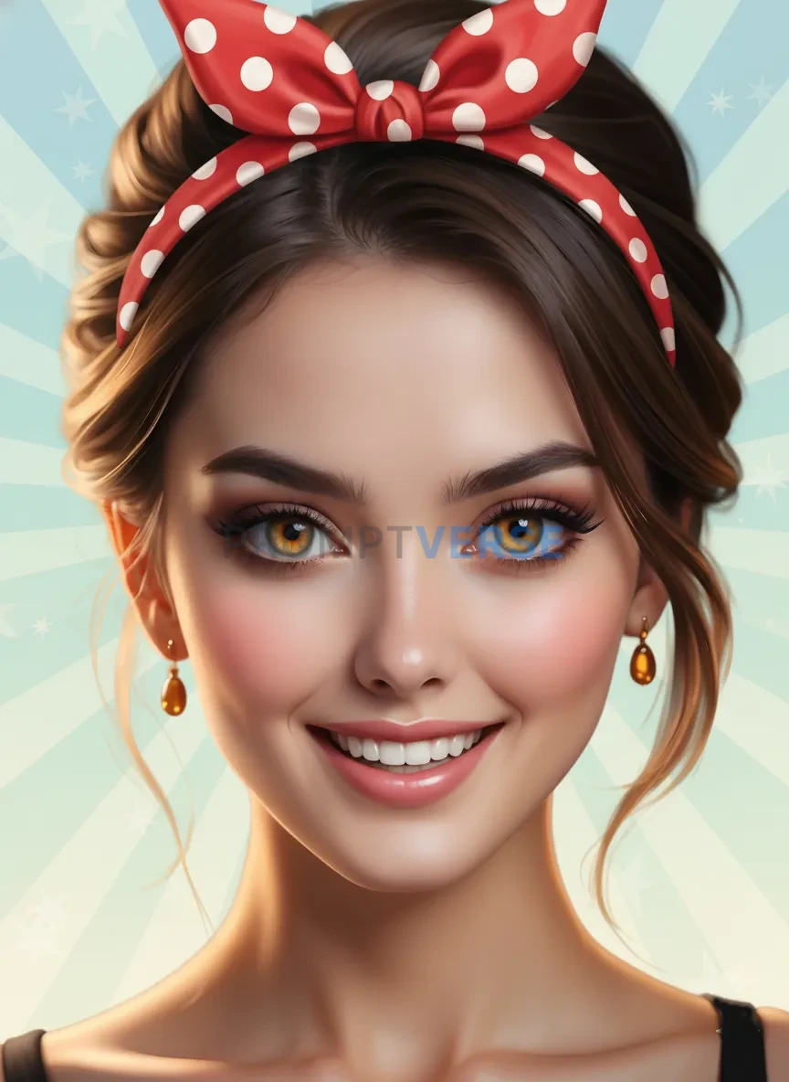 Pin-up style portrait with bow headband, smiling expression, pastel re