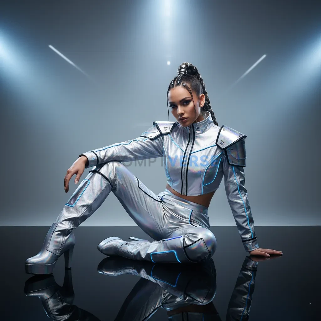 Stylish woman in silver futuristic outfit sitting confidently, studio 