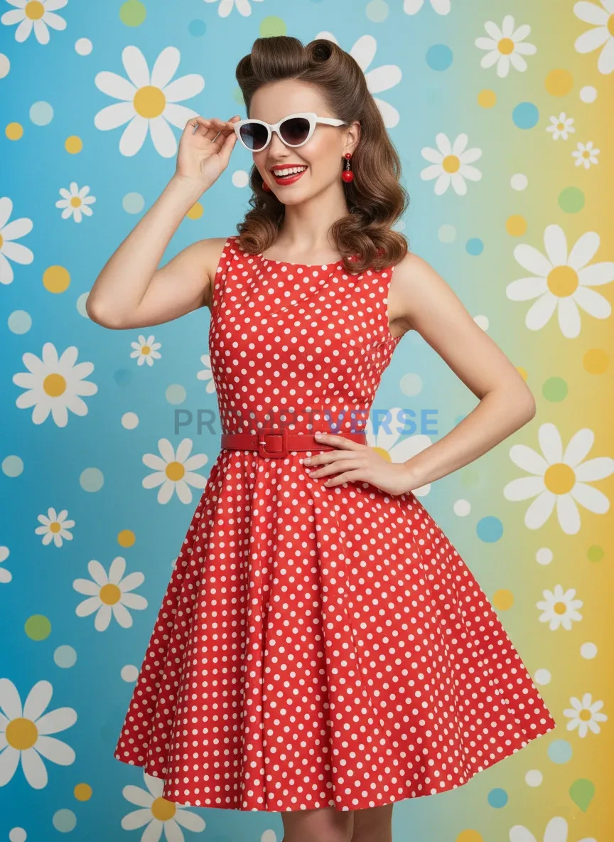 Woman in retro polka-dot dress posing playfully, 1950s vibe, colorful 