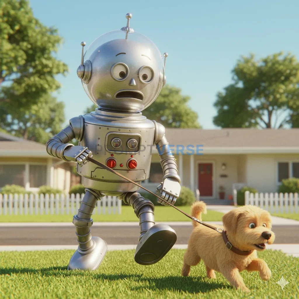 A friendly, retro-style robot from the 1950s with a bubble-glass head,