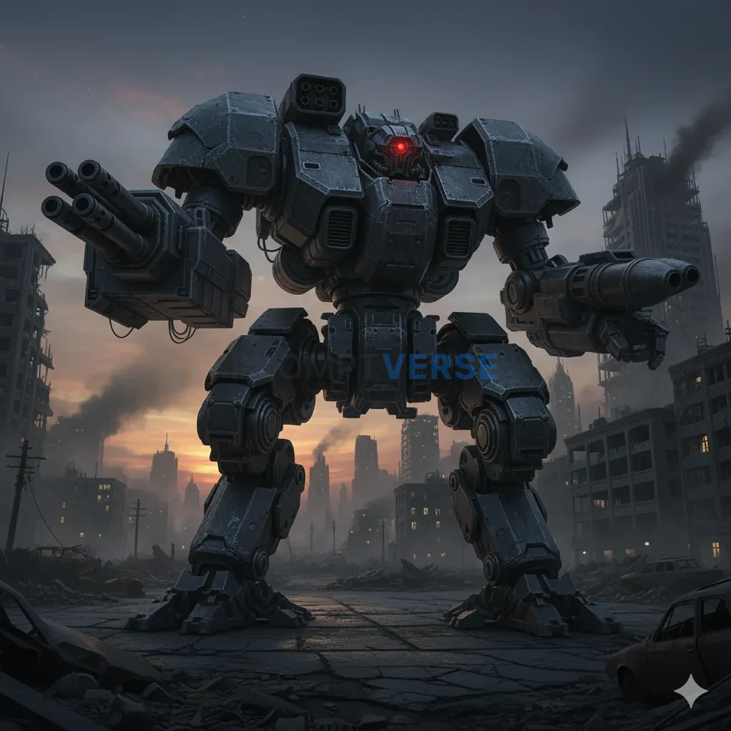 A massive, heavily-armored war mech, covered in battle scars and armed