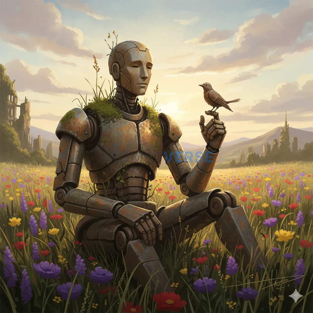 An ancient, rust-covered automaton, sitting peacefully in a field of w