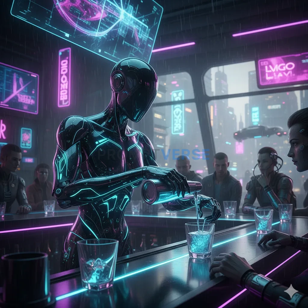 A sleek, futuristic android with bioluminescent circuits visible under