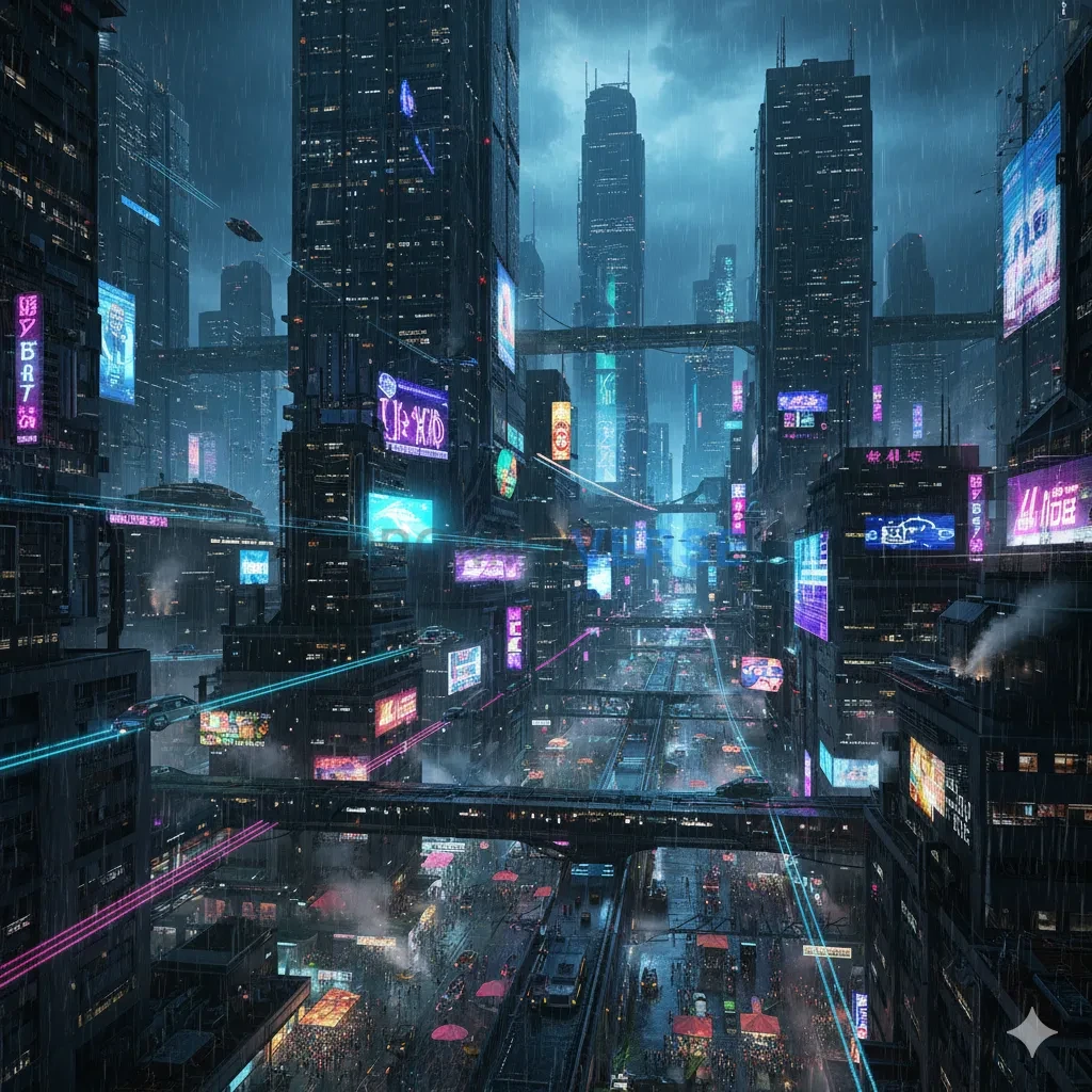 A sprawling, multi-level cyberpunk megalopolis at night, drenched in r