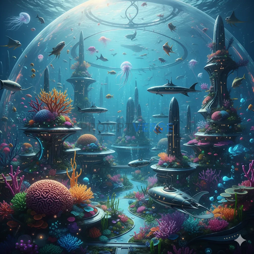 An underwater city enclosed in a massive, glowing biodome, with sleek 