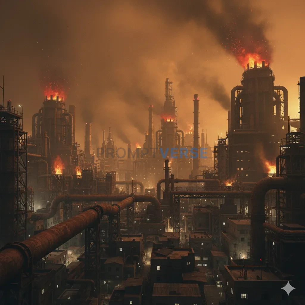 A dystopian industrial cityscape, choked with smog and illuminated by 