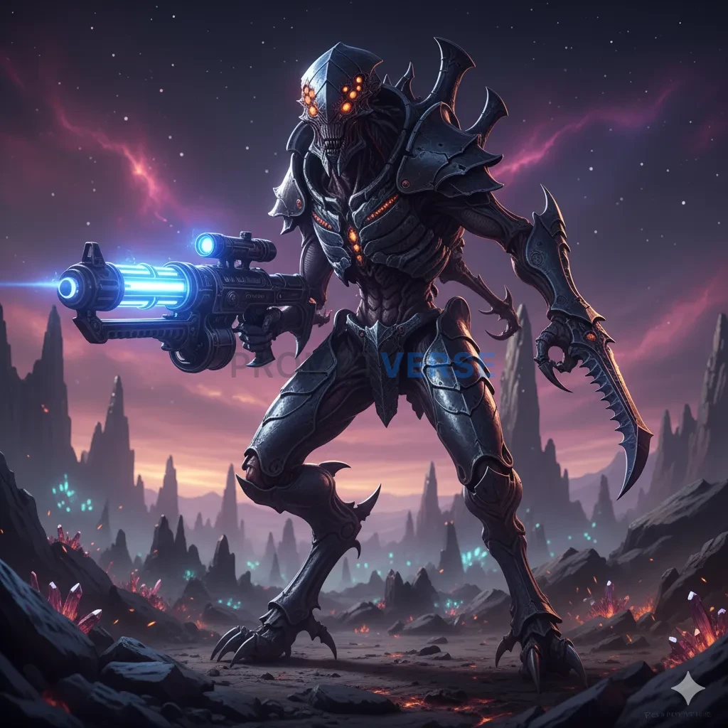 A towering, insectoid alien warrior from a warrior race, with multiple