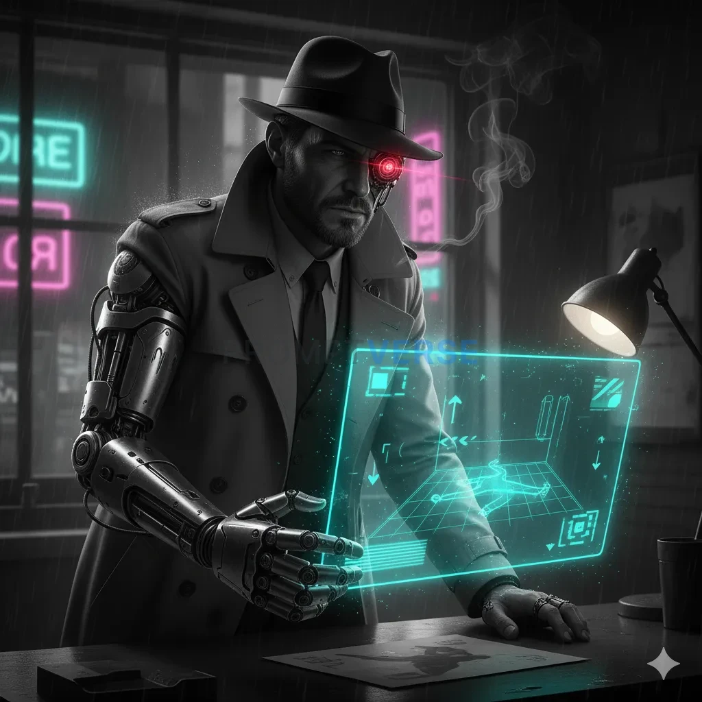 A heavily augmented cyborg detective with a mechanical arm and an opti