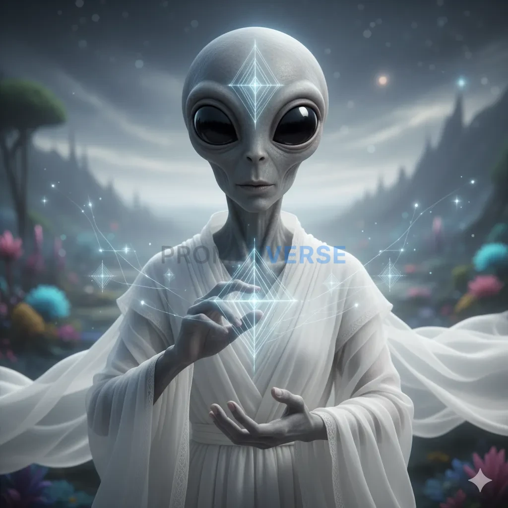A serene, grey-skinned alien with large, black, empathic eyes, wearing