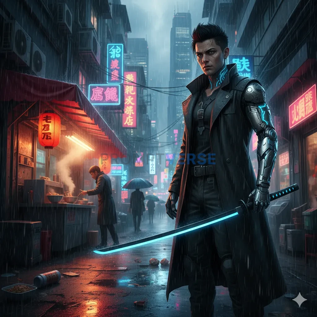 A gritty cyberpunk street samurai with a carbon-fiber katana and glowi