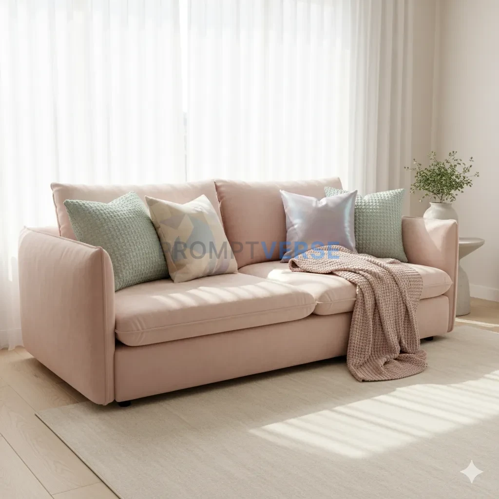 Pale pink couch with throw pillows