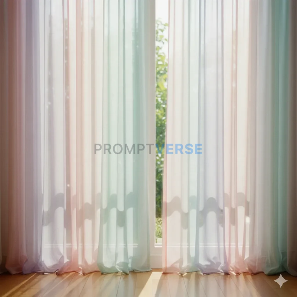 Morning sunlight through sheer pastel curtains
