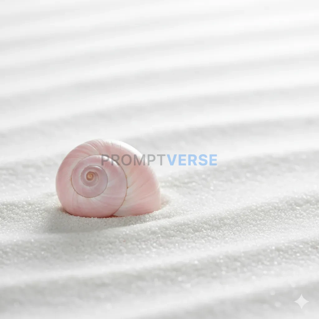 A single, perfect, pastel pink seashell, on a bed of clean, white sand