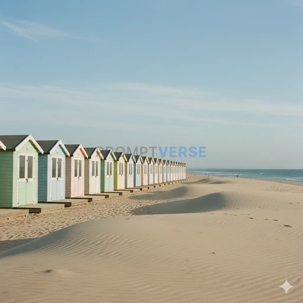 A row of pastel-colored beach huts on a clean, sandy beach.