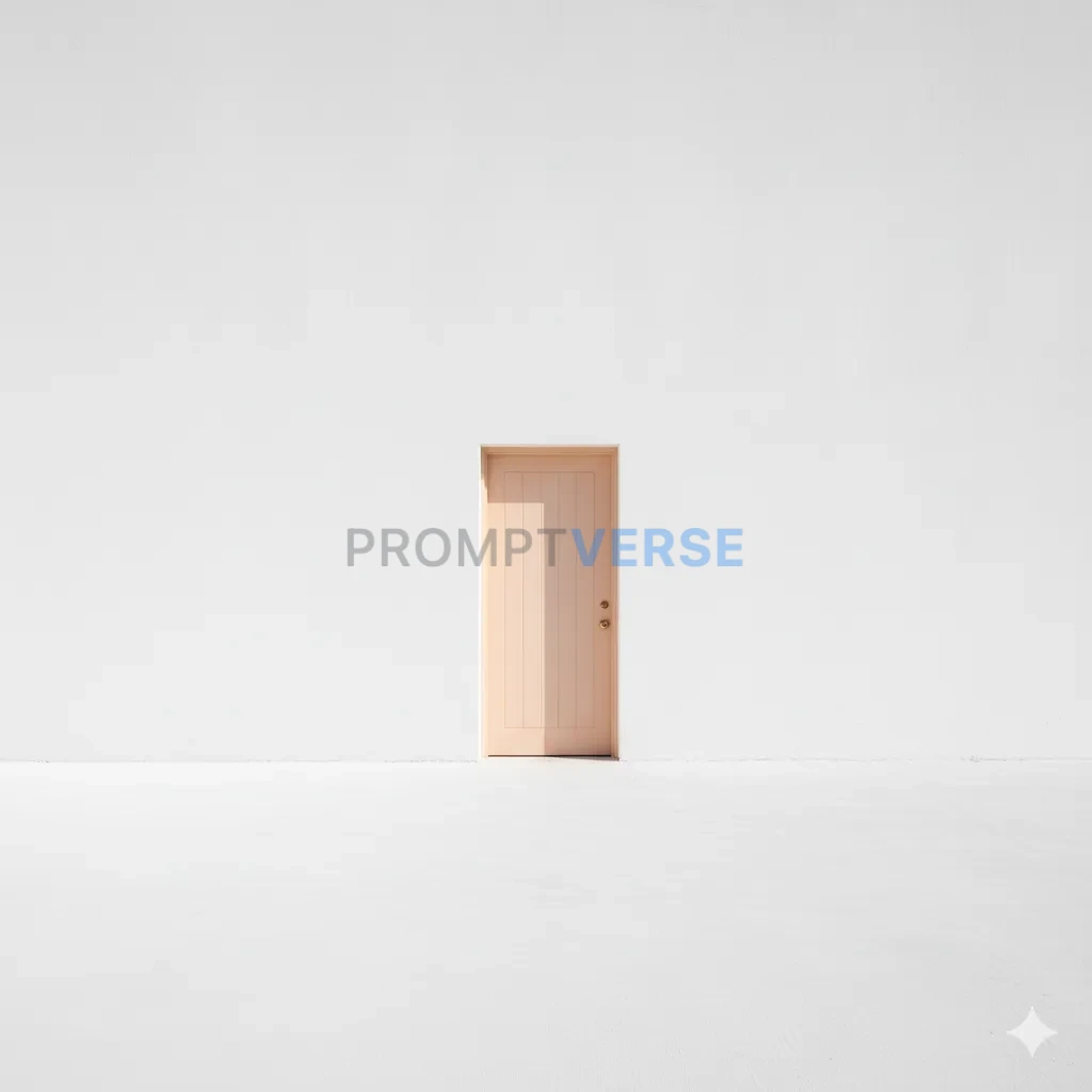 A serene, minimalist scene of a single, pastel-colored door in a long,