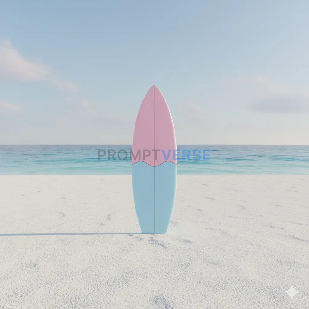 A pastel pink and blue surfboard, standing upright in the white sand o