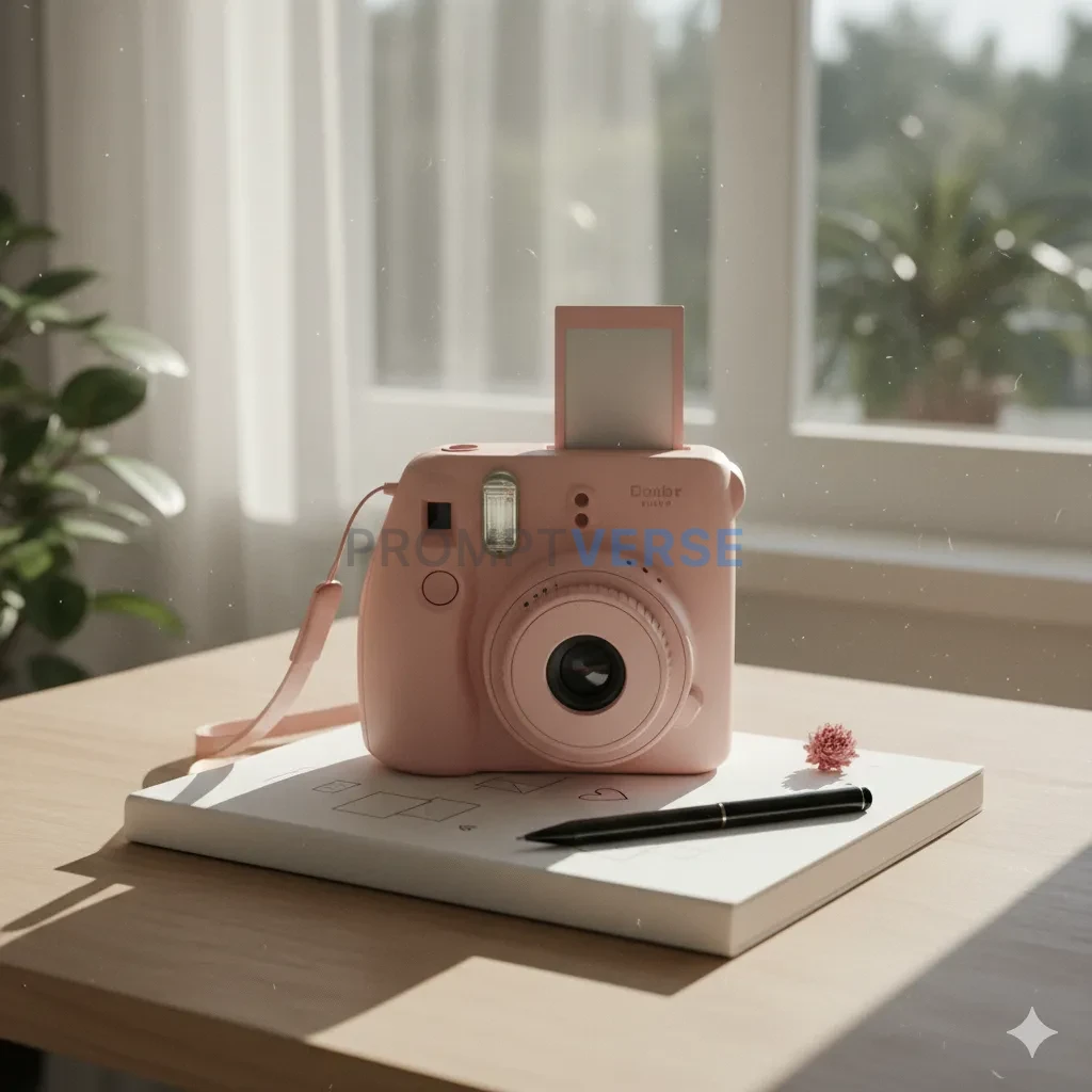 A vintage-style pastel pink instant camera, resting on a clean, white 