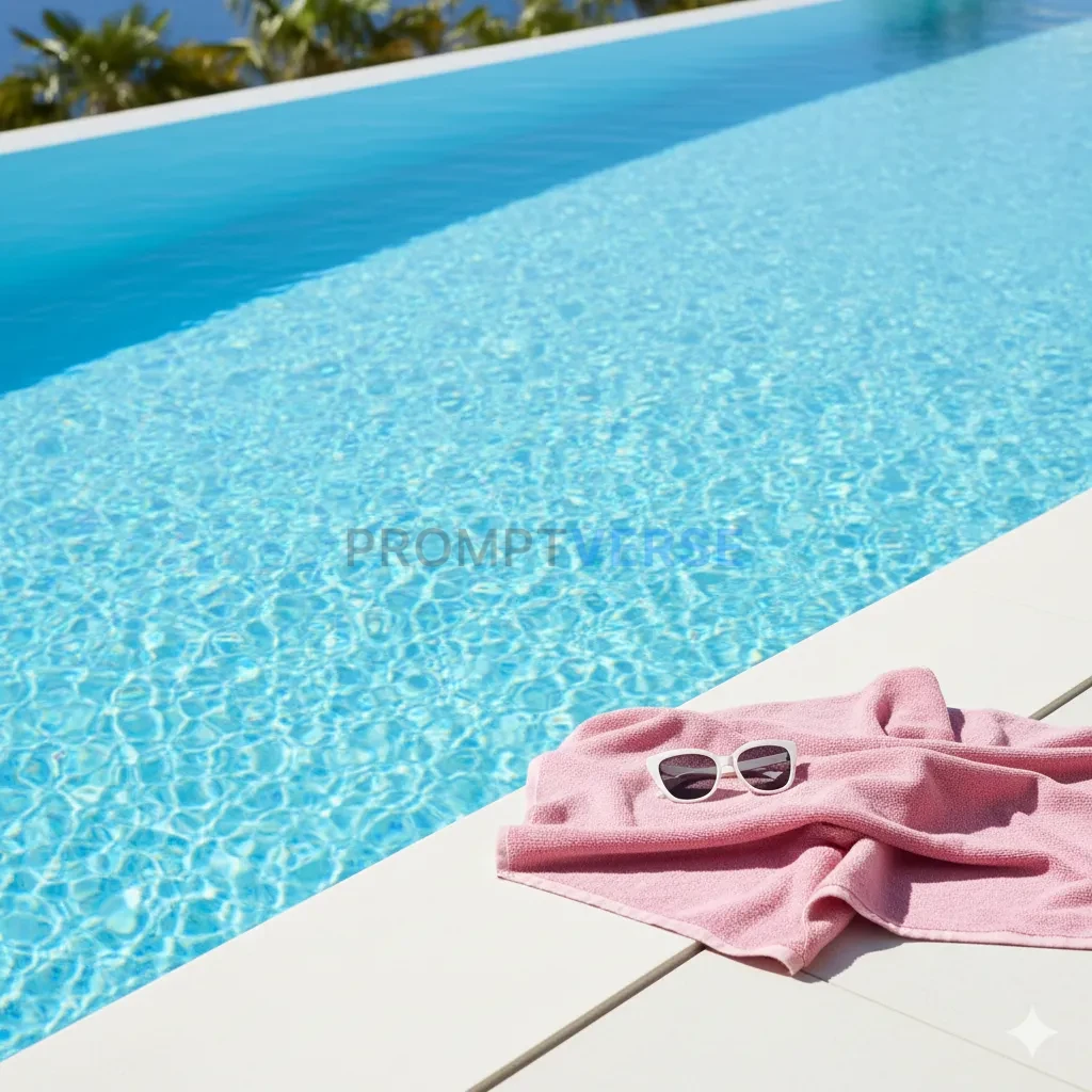 A crystal clear swimming pool with shimmering blue water, a soft pink 