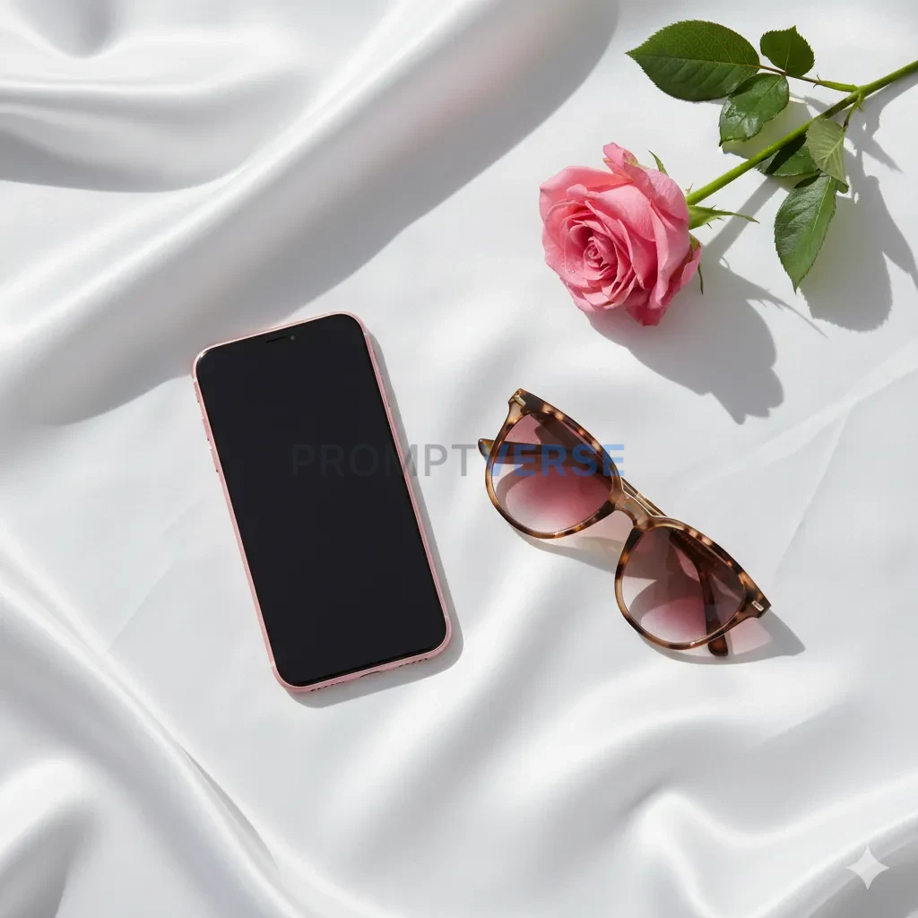 A flat lay of a pink iPhone, a pair of stylish sunglasses, and a singl