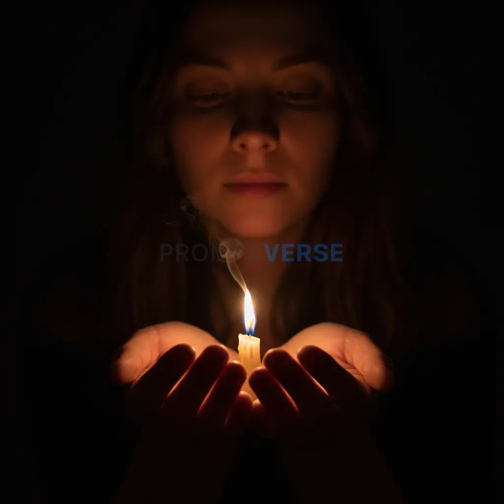 Close-up of a woman's hands gently cupping a tiny, delicate flame from