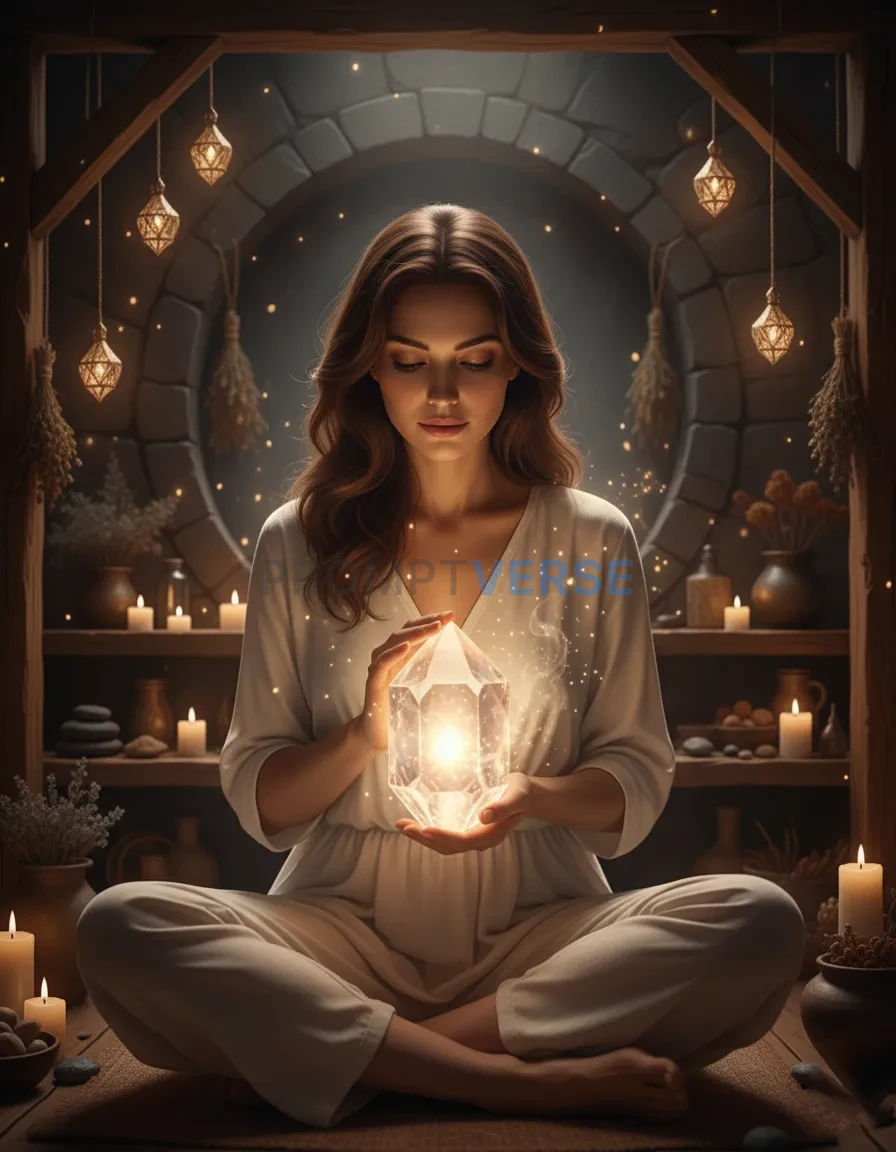 A woman with a compassionate gaze, holding a crystal that glows softly
