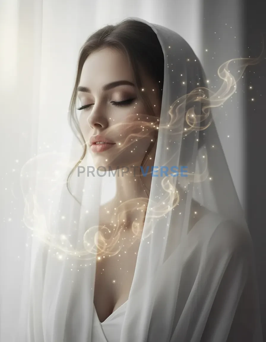 Ethereal portrait of a woman with her eyes closed, soft light filterin