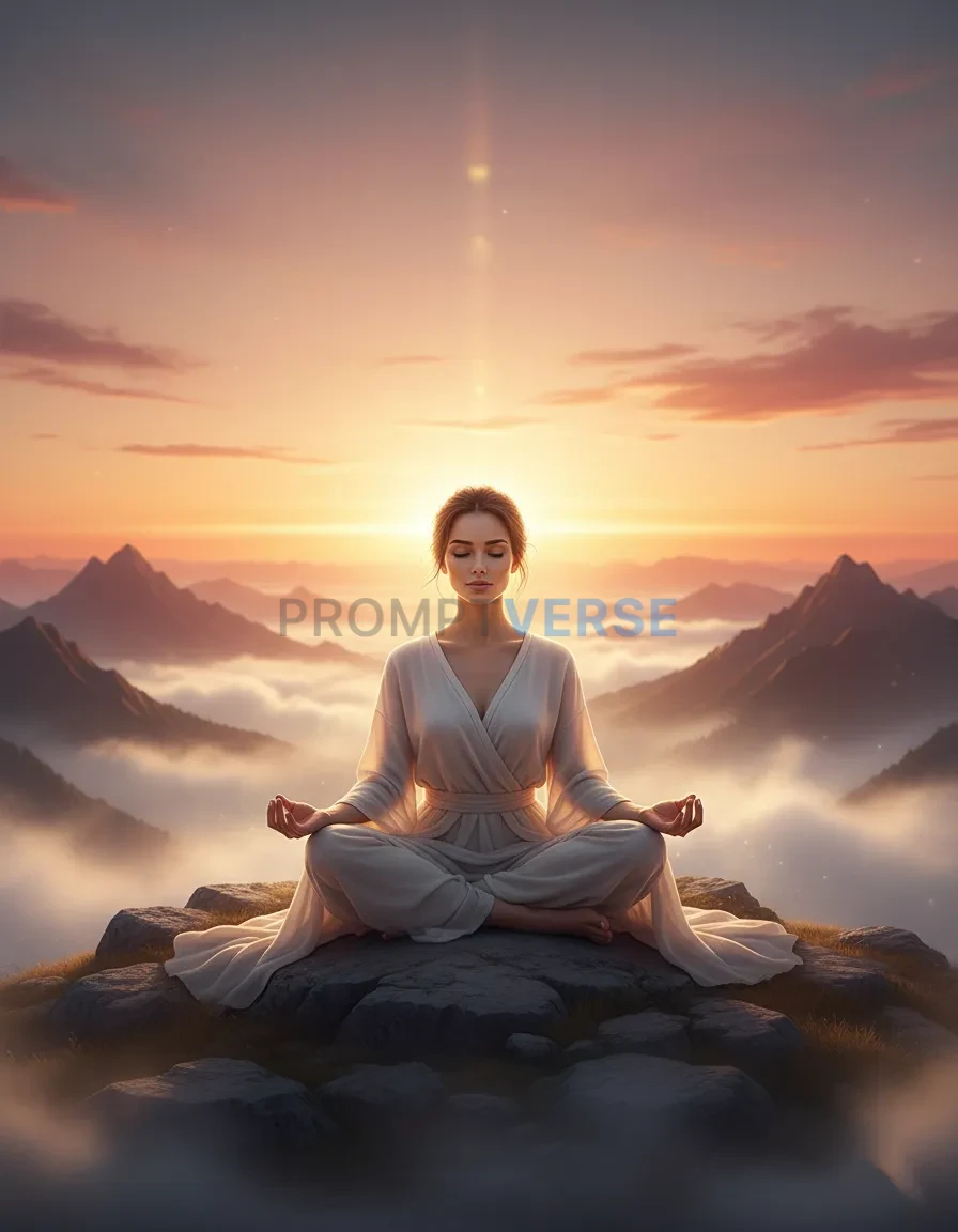 A serene woman meditating in a lotus position on a mountaintop at sunr