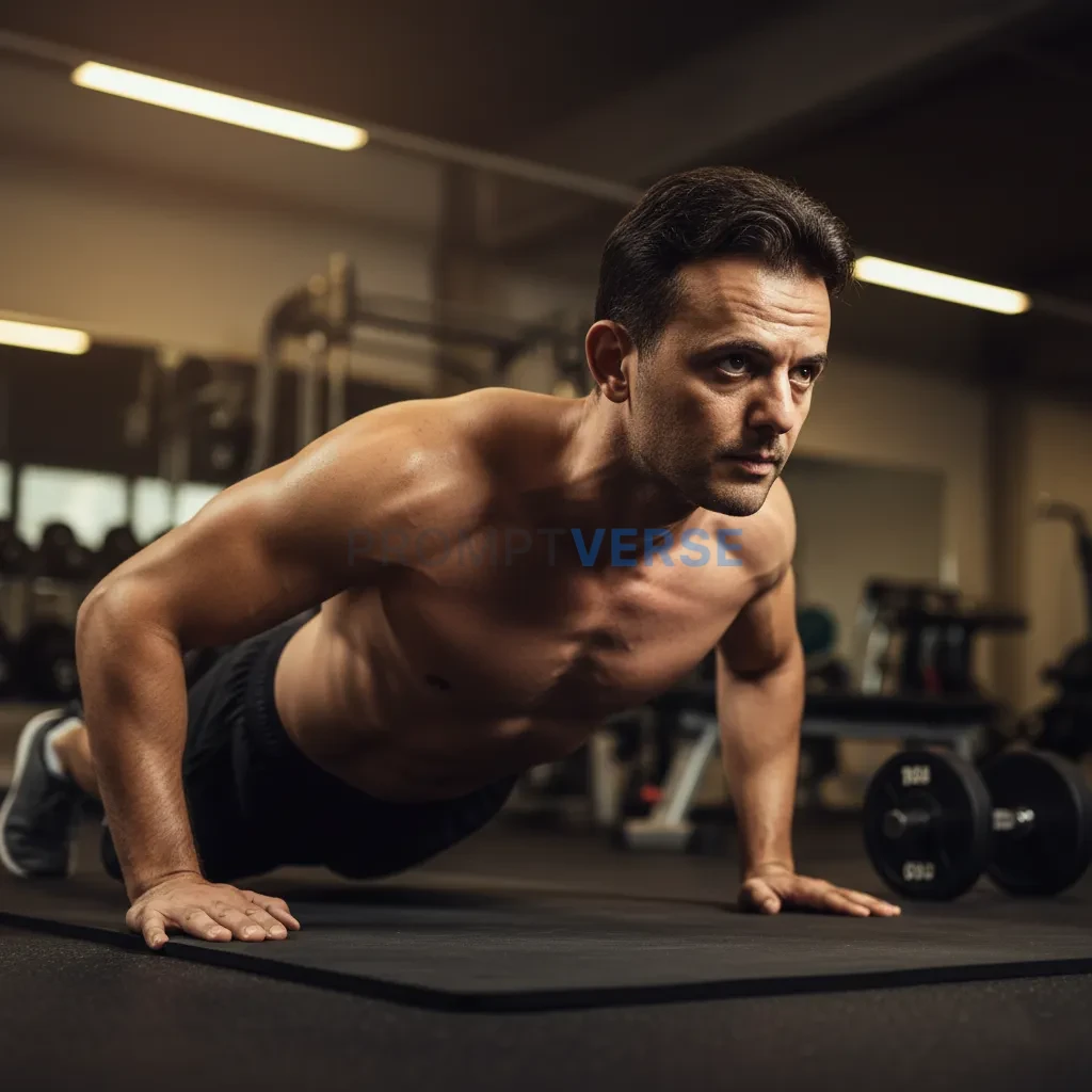 Cinematic portrait of a man doing push-ups on gym mat, shirtless torso