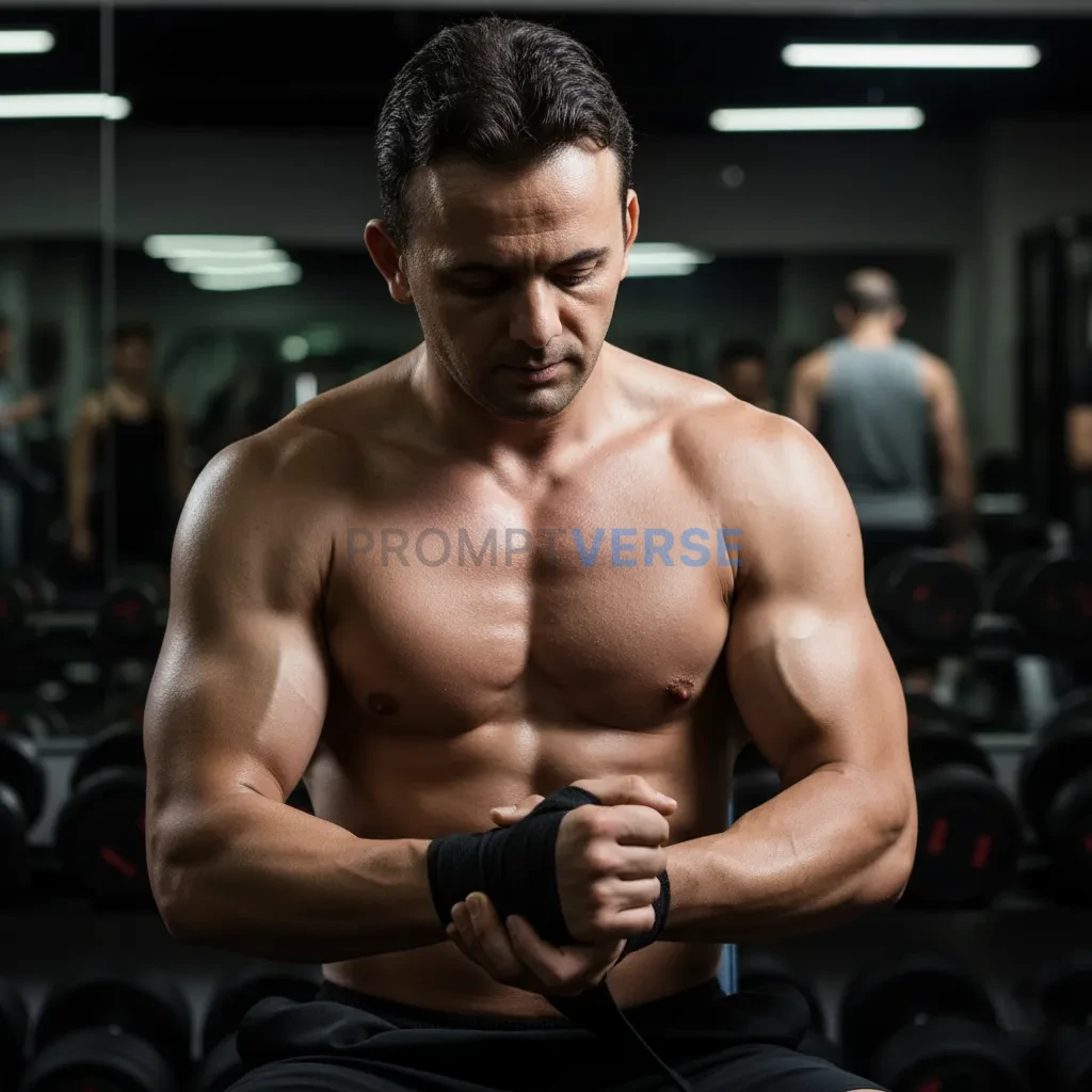 Close-up cinematic shot of man wrapping hands with wrist straps, shirt