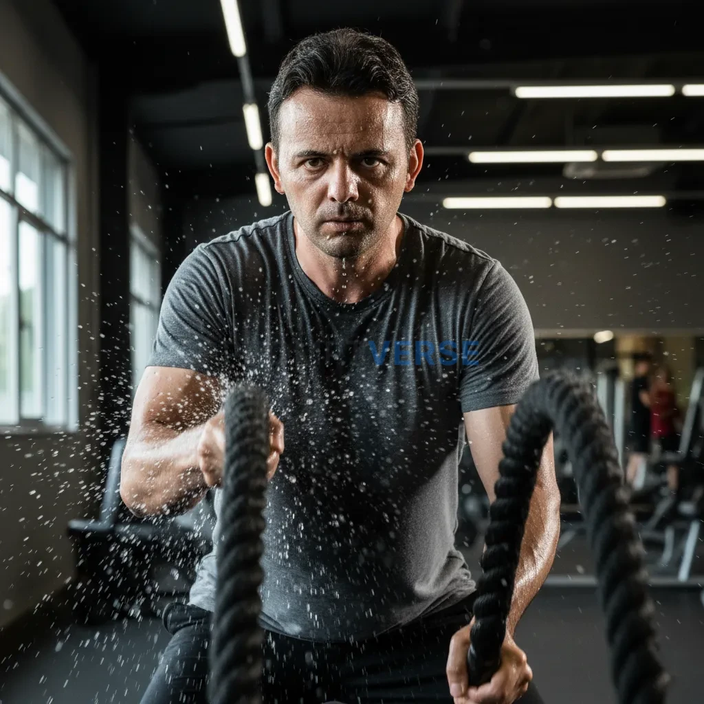 Ultra-detailed close-up, man gripping heavy ropes (battle ropes), swea