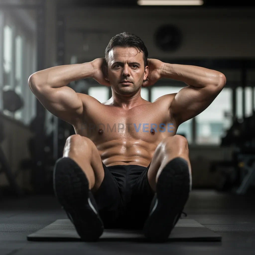 Cinematic portrait of man performing sit-ups on mat, shirtless torso t