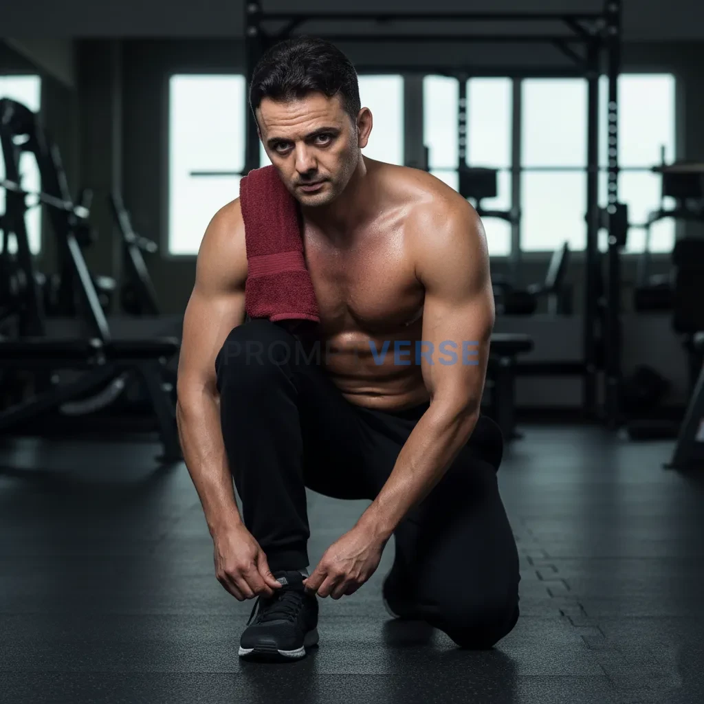 Cinematic editorial portrait, man tying shoelaces on gym floor, shirtl