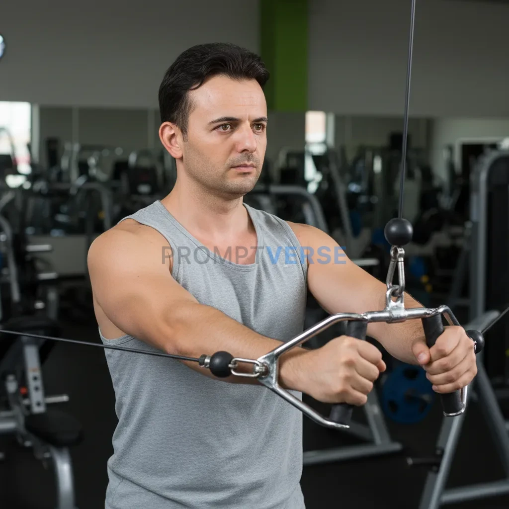 Portrait of a man at the gym, wearing a tank top, chest and arms sligh