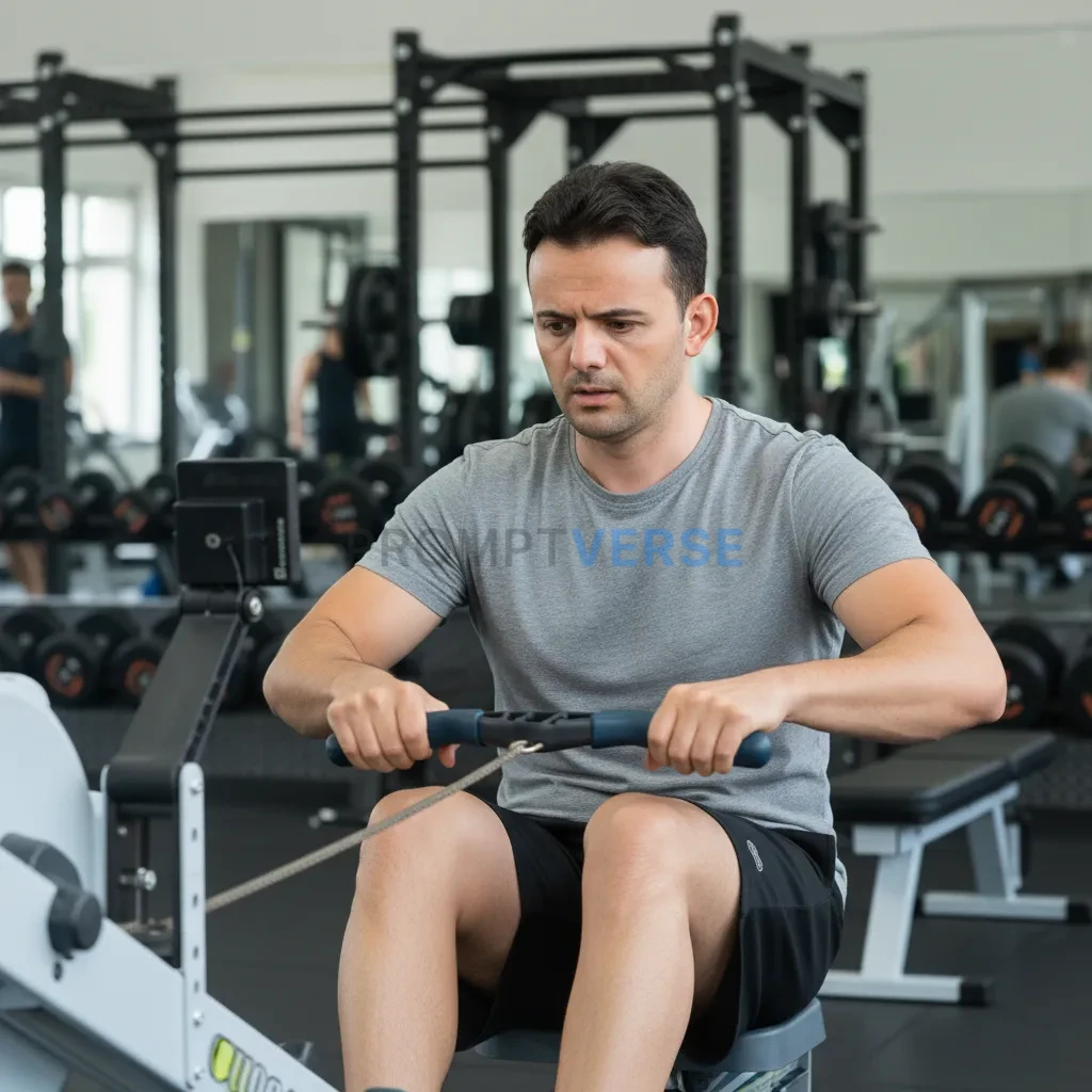 A young man at the gym learning to use a rowing machine, portrait styl