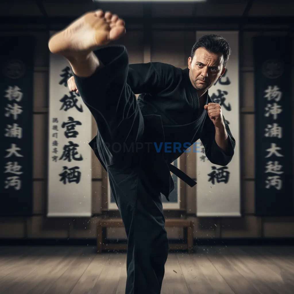 Cinematic close-up of a man in black gi mid-kick, blurred dojo banners