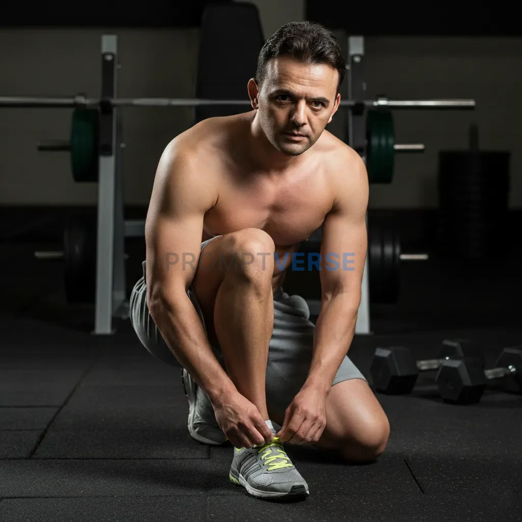 Editorial portrait, man tying shoelaces casually on gym floor, shirtle