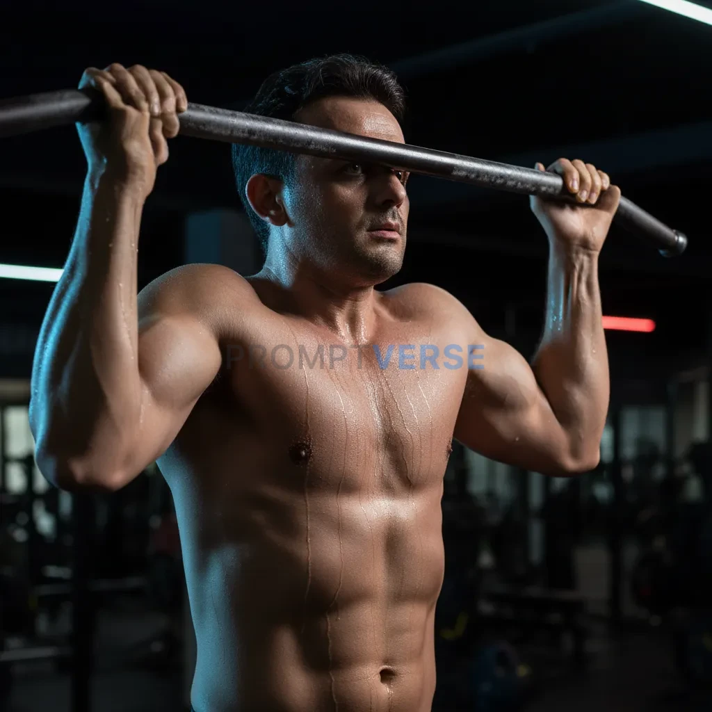 Cinematic portrait of a man gripping pull-up bar, sweat dripping down 