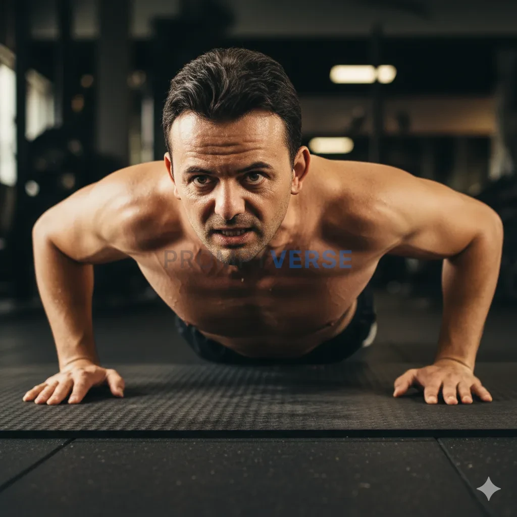 Cinematic close-up of a man mid-push-up on gym mat, shirtless torso sl