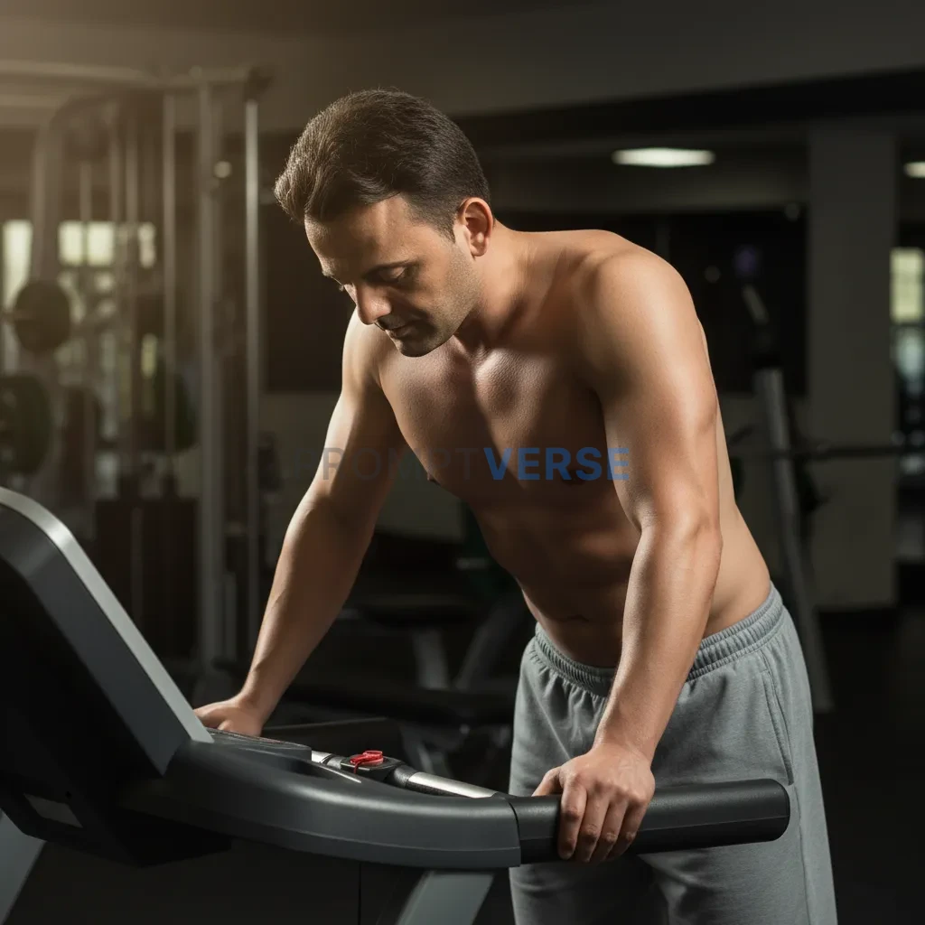 Cinematic portrait, man leaning forward on treadmill rails, shirtless,