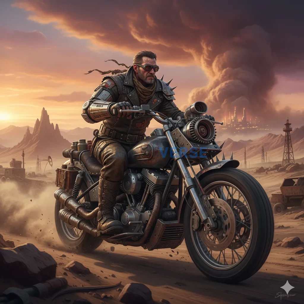 A tough, dieselpunk road warrior in a leather jacket and grease-staine