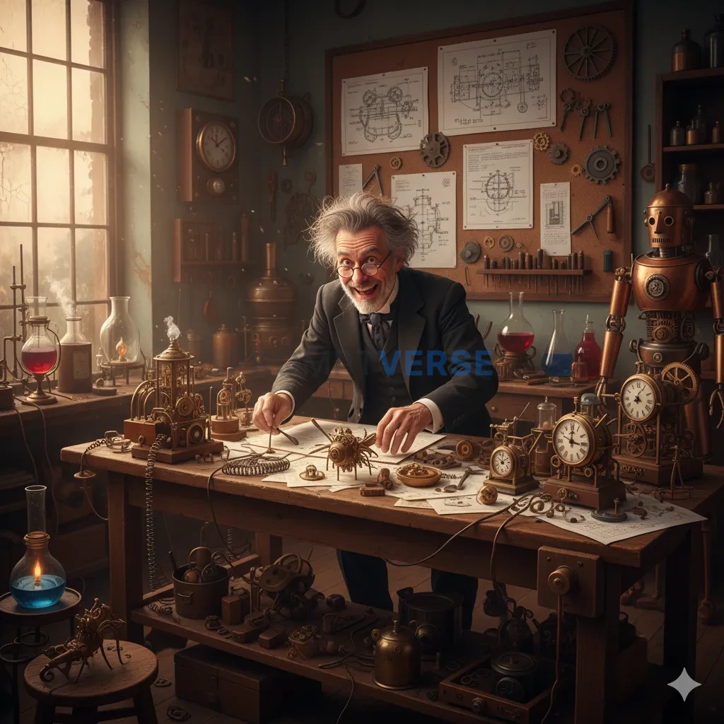 A brilliant but eccentric inventor in a cluttered Victorian workshop, 