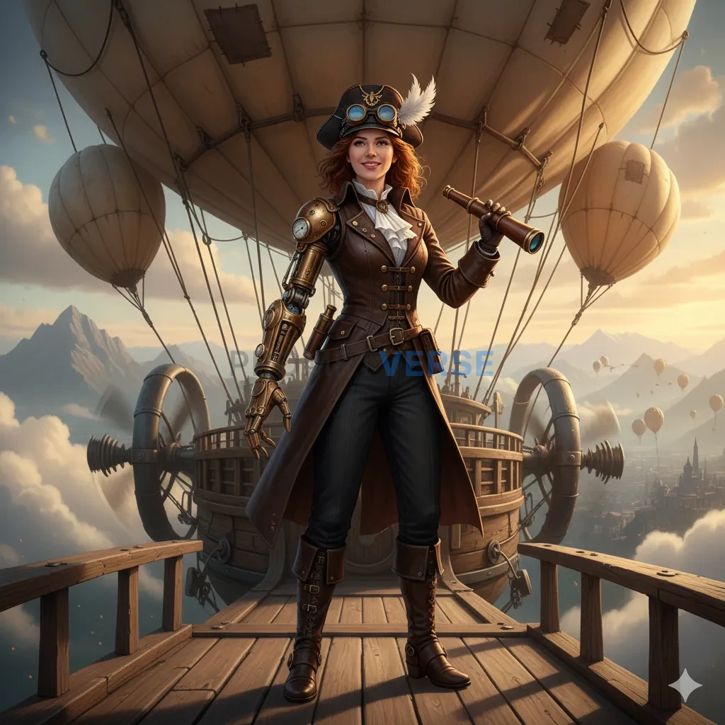 A charismatic steampunk airship captain with a brass prosthetic arm an