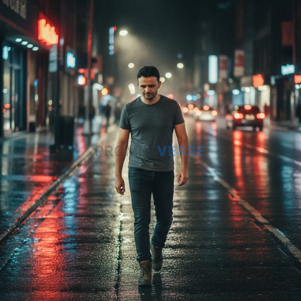 Man walking on wet city streets at night, car lights behind, cinematic