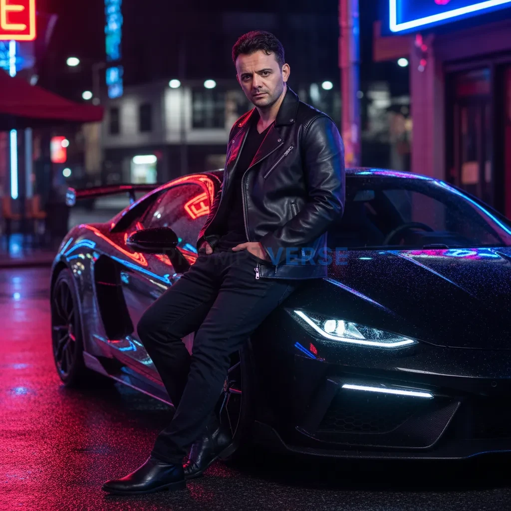 Young man posing beside a sports car under neon lights, fashion editor