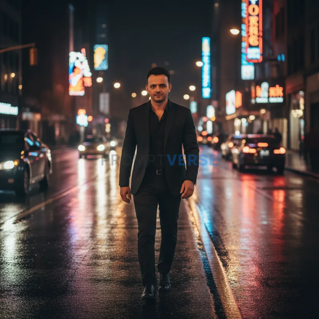 Man walking confidently through a city street at night, blurred car li