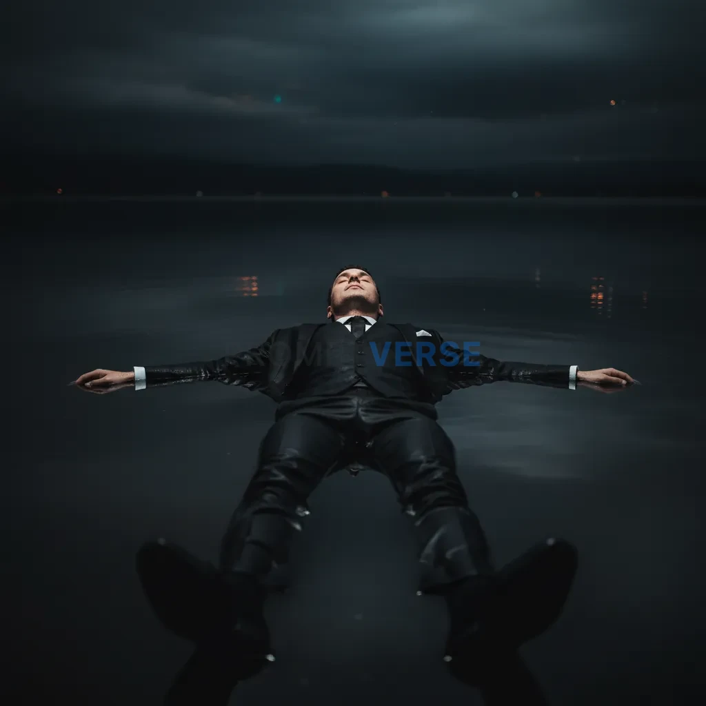 Portrait of a man floating on water in a black suit, eyes closed, refl