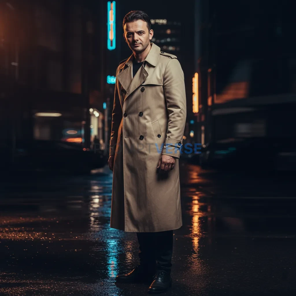 Dramatic portrait of a man in a long beige trench coat standing over a