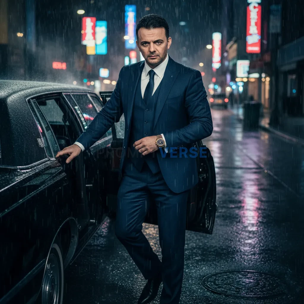Editorial cinematic shot, mafia-inspired man in a sharp navy suit step